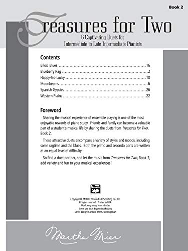 Treasures for Two, Bk 2: 6 Captivating Duets for Intermediate to Late Intermediate Pianists,Used