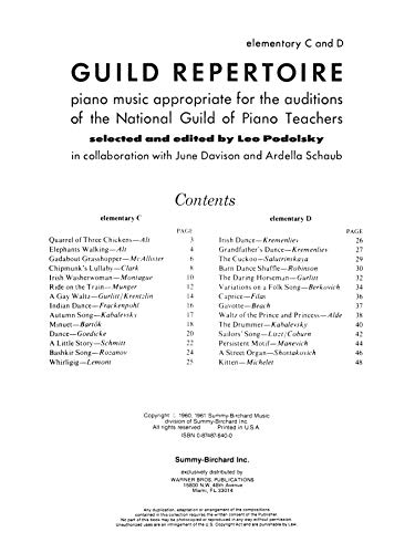 Guild Repertoire Piano Music Appropriate for the Auditions of the National Guild of Piano Teachers: Elementary C & D (SummyB,Used