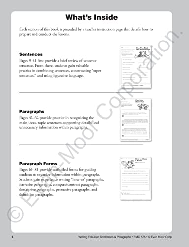 EvanMoor Writing Fabulous Sentences & Paragraphs, Grades 46, Homeschool & Classroom Workbook, Activities, Main Ideas, Topic Se,Used