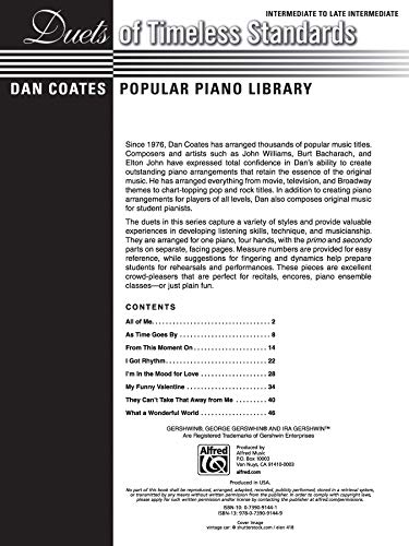 Dan Coates Popular Piano Library Duets of Timeless Standards,Used