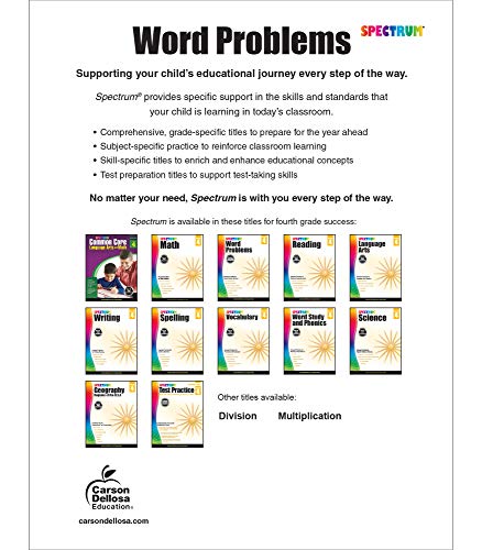 Spectrum Word Problems 4th Grade Math Workbooks, Geometry, Algebra Prep, Fractions, Decimals, Probability, Money, and More Mathe,New