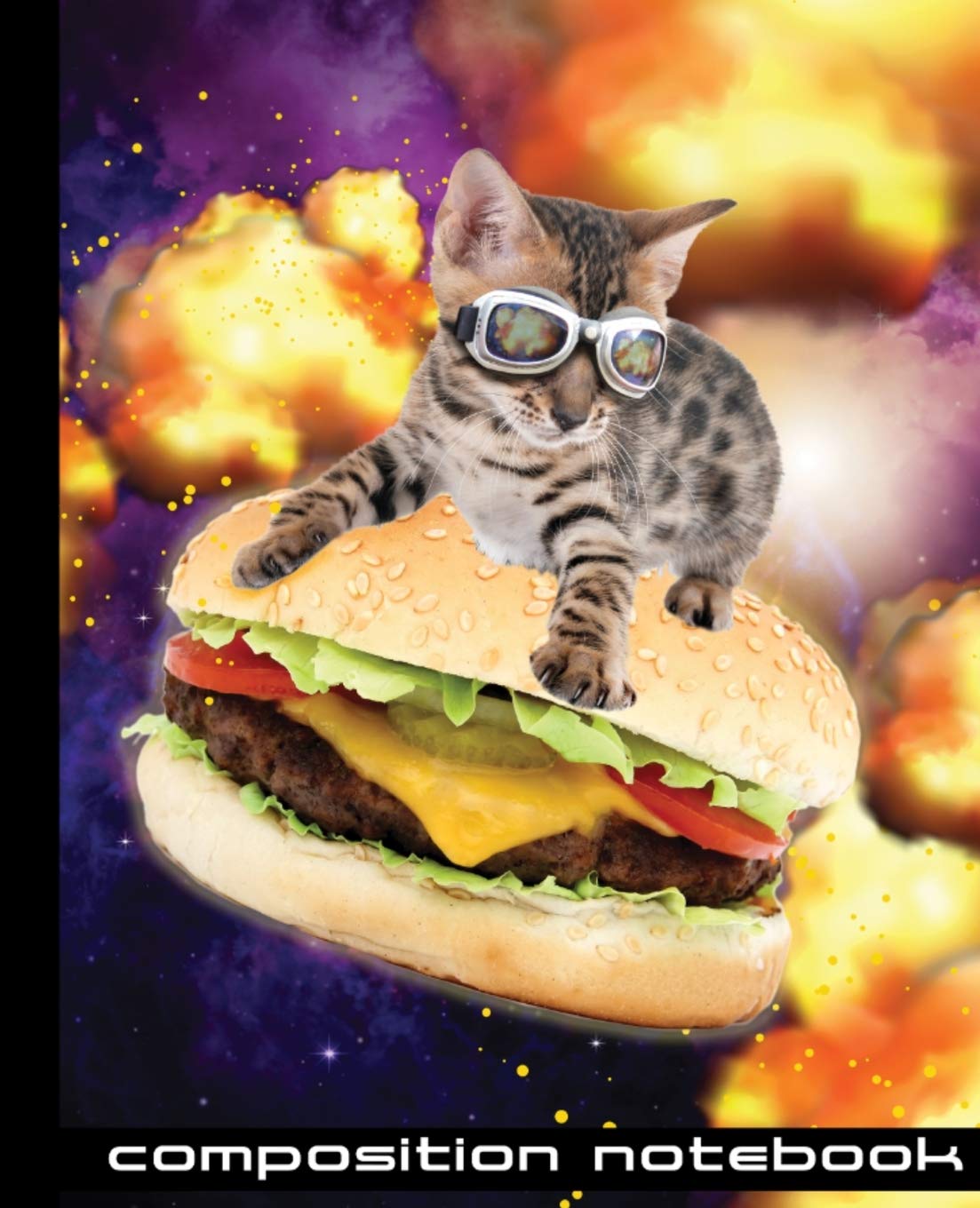 Composition Notebook: Funny Cat Action Hero Surfing on A Cheeseburger in Space 7.5