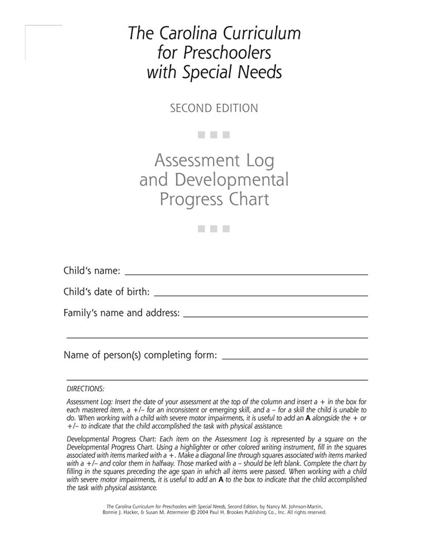 The Carolina Curriculum For Preschoolers With Special Needs (Ccpsn) Assessment Log And Developmental Progress Chart,Used