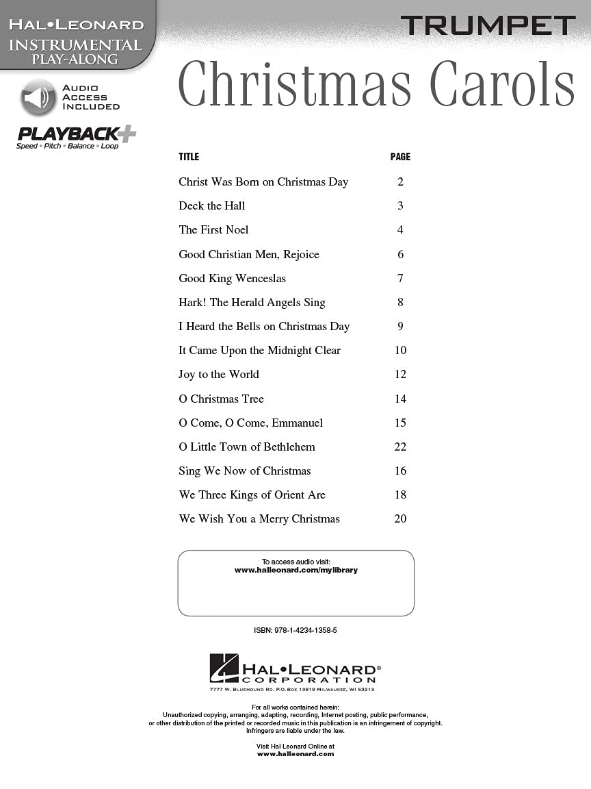 Christmas Carols Instrumental PlayAlong for Trumpet Book/Online Audio (Hal Leonard Instrumental PlayAlong),Used