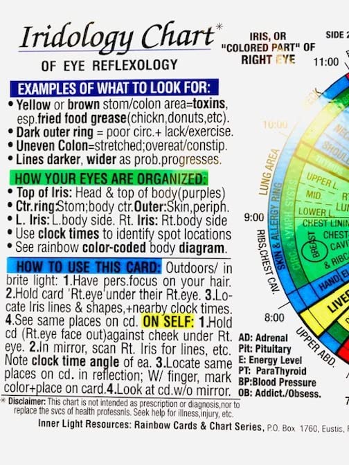 IRIDOLOGY CHART of EYE Reflexology (Rainbow Coded) in the Inner Light Resources Rainbow Cards & Charts Series. 8.5 x 11 in. (Sma,New