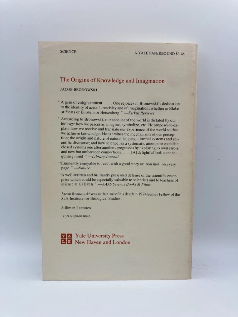 The Origins Of Knowledge And Imagination (Mrs. Hepsa Ely Silliman Memorial Lectures),Used