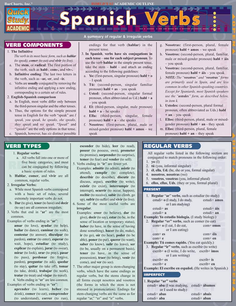 Spanish Verbs QuickStudy Laminated Reference Guide (QuickStudy Academic),Used