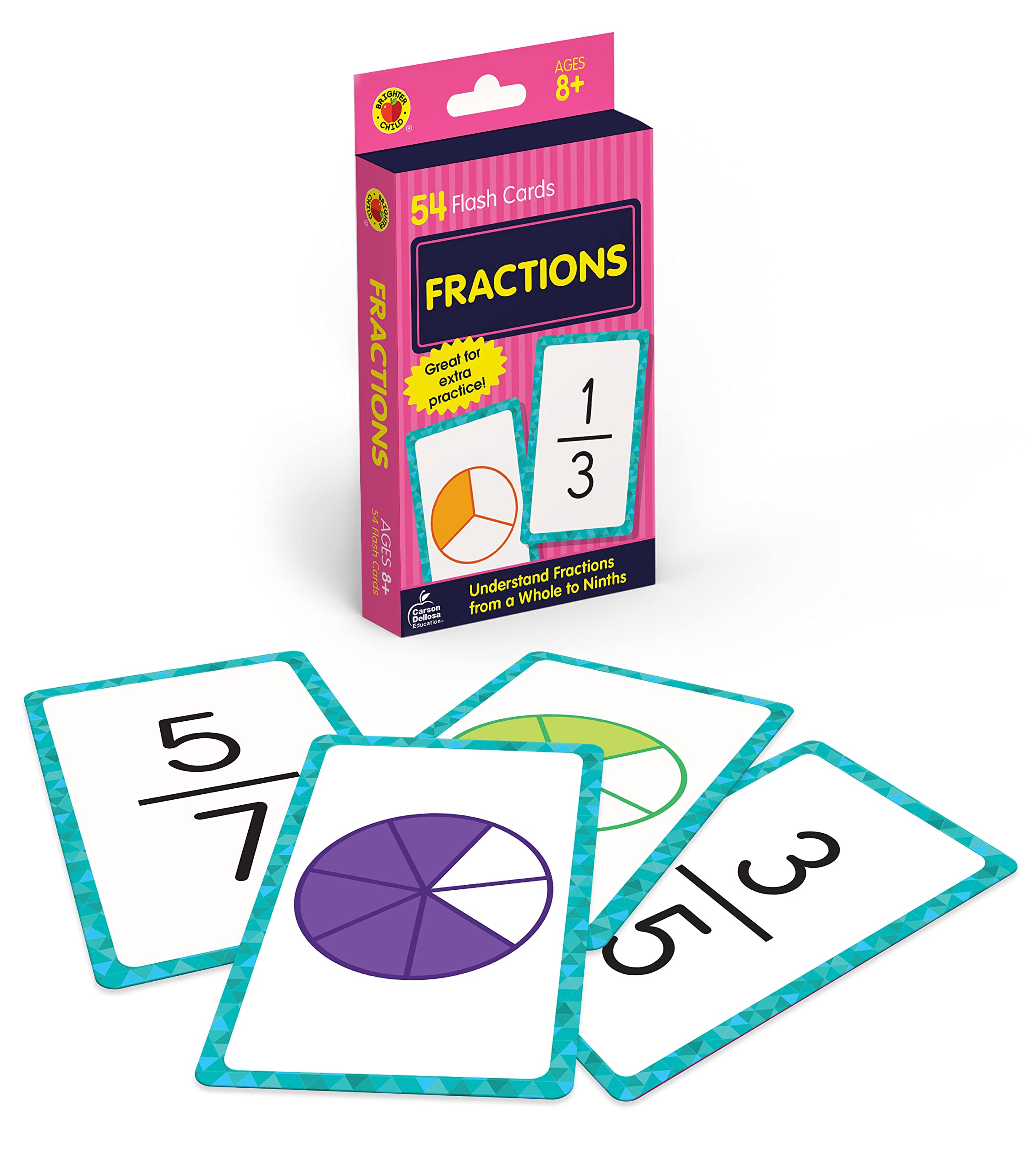 Carson Dellosa Fraction Number Flash Cards For Kids Ages 8+, Math Flash Cards With Fraction Facts From Whole Number To Ninths, G,Used