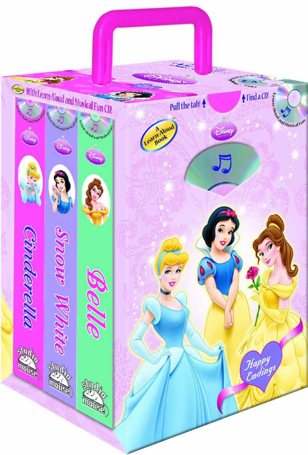 Disney Princess Belle, Cinderella, Snow White (3 Books, Storage Case With Handle),New