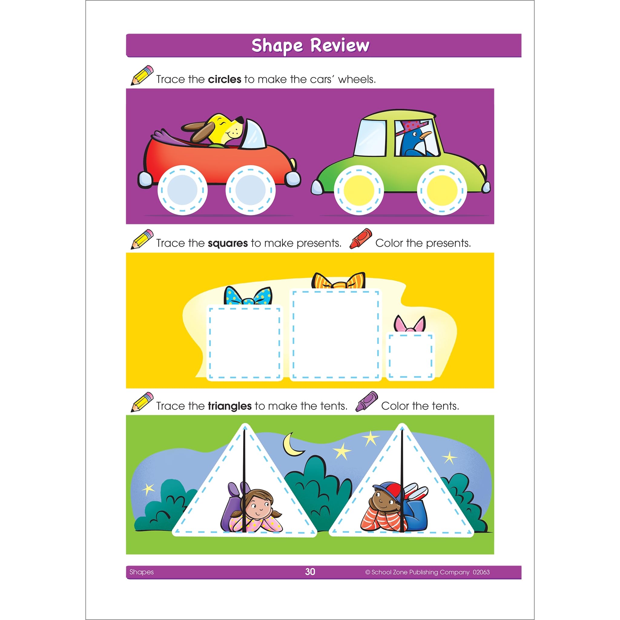 School Zone Shapes Workbook 32 Pages, Ages 3 To 5, Preschool To Kindergarten, Basic Shapes, Shape Names & Characteristics, C,Used