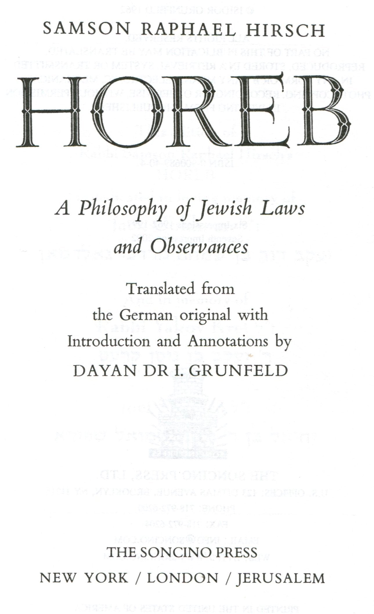 Horeb: A Philosophy of Jewish Laws and Observances,New