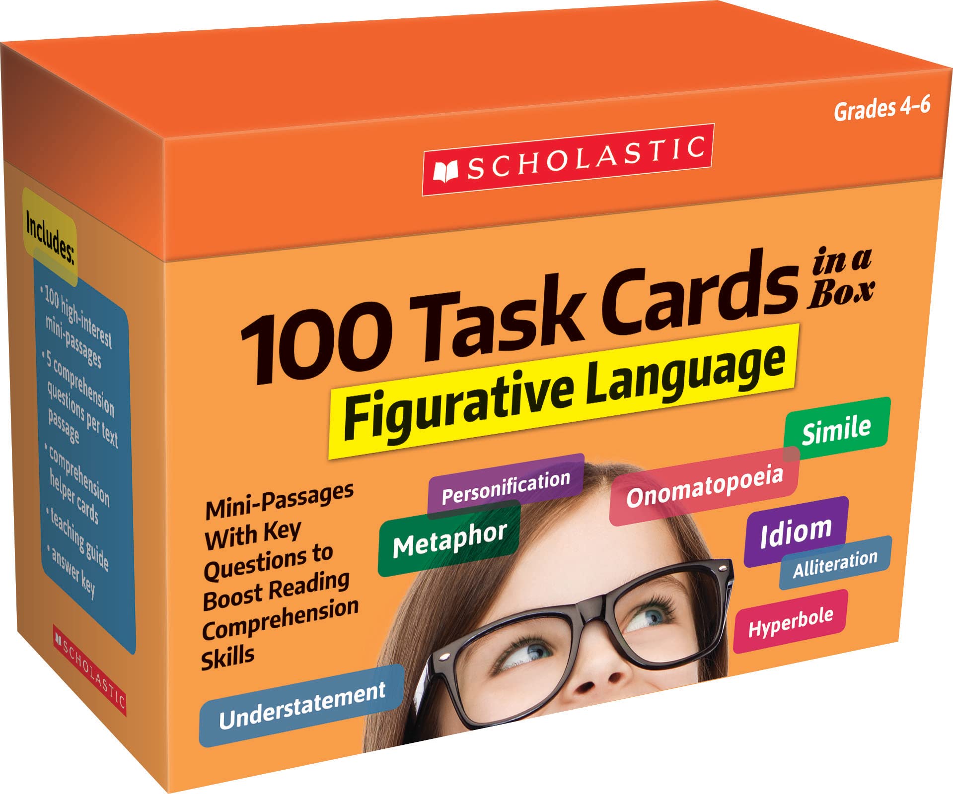 100 Task Cards in a Box: Figurative Language: MiniPassages With Key Questions to Boost Reading Comprehension Skills,Used