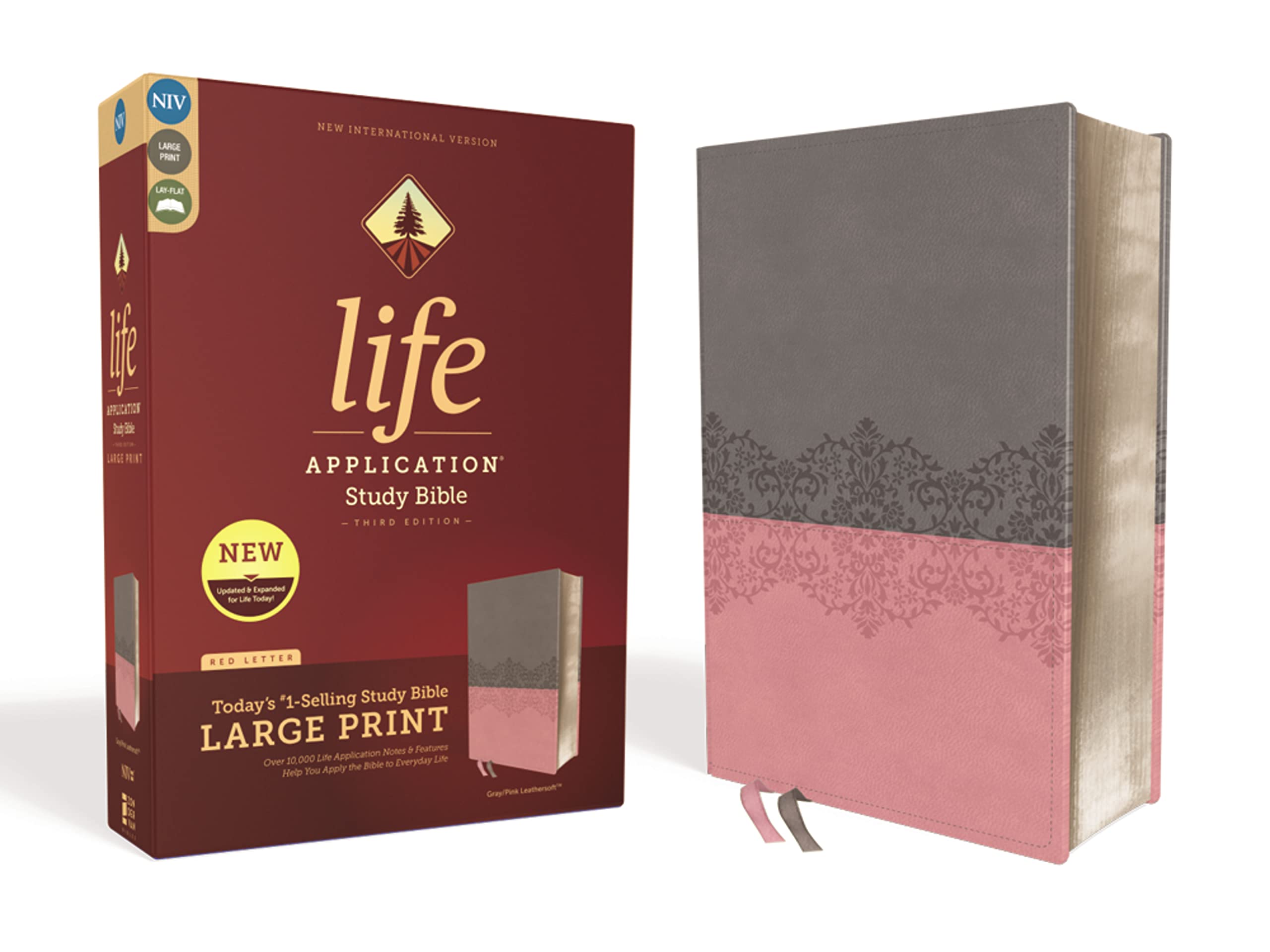NIV, Life Application Study Bible, Third Edition, Large Print, Leathersoft, Gray/Pink, Red Letter,New