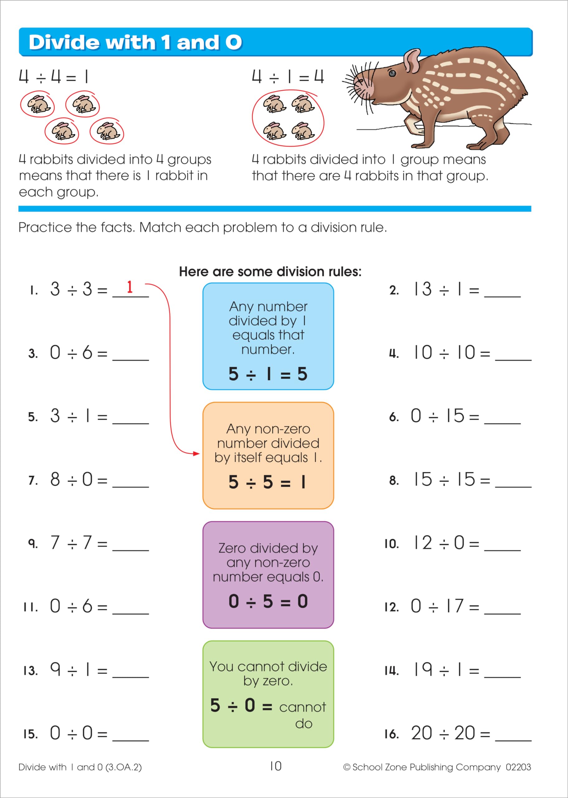 School Zone Math Basics 3 Workbook 64 Pages, Ages 8 To 9, 3Rd Grade, Multiplication, Division, Word Problems, Place Value, F,Used