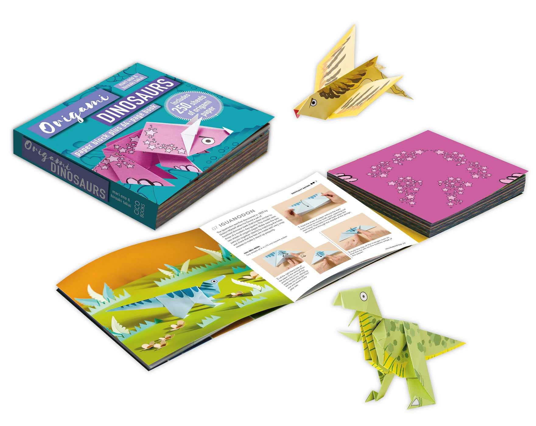 Origami Dinosaurs: Paper Block Plus 64Page Book,New