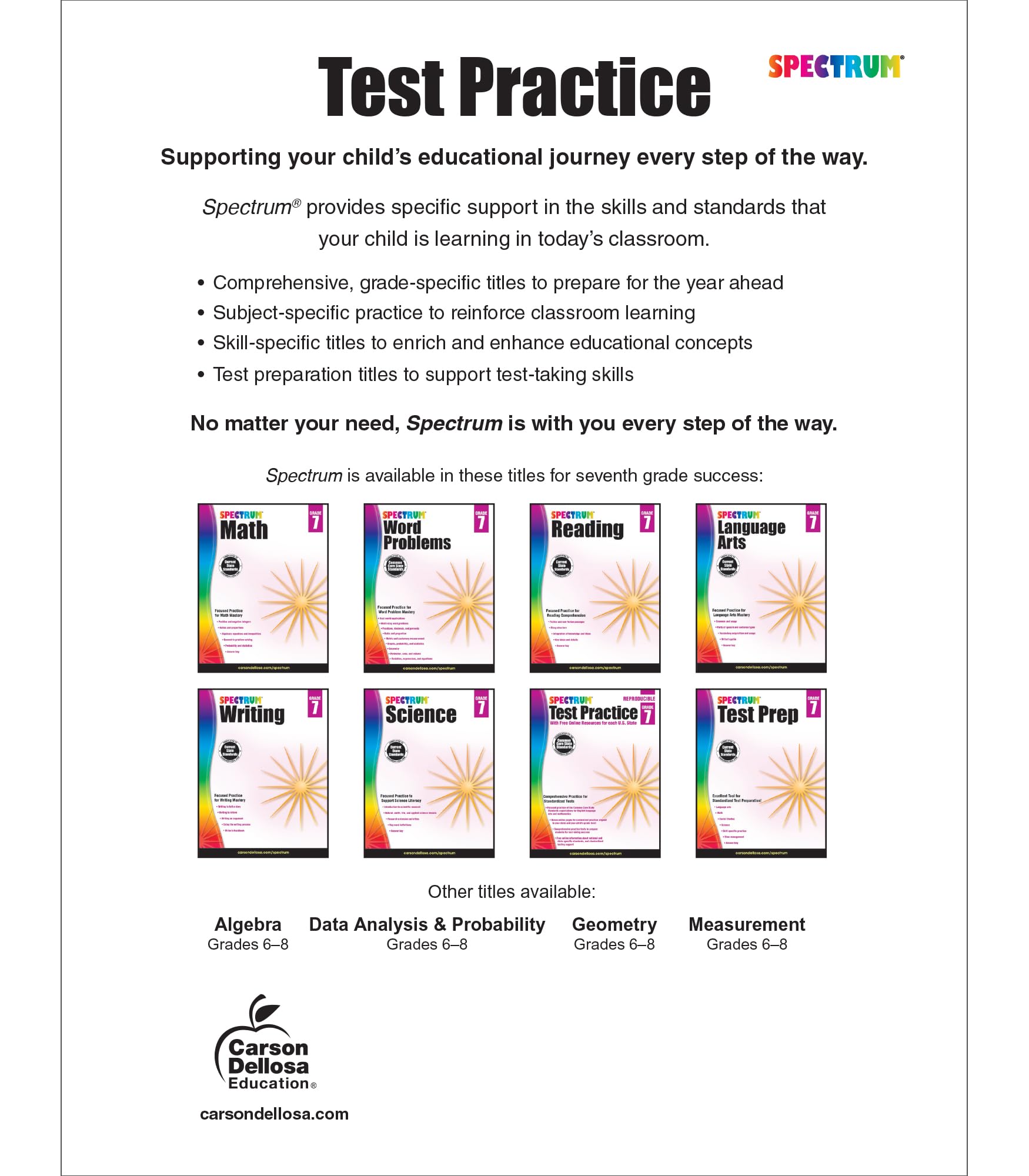 Spectrum Test Practice 7th Grade Workbooks All Subjects, Math, Language Arts, Reading Comprehension, Grammar, Spelling, Vocabula,Used