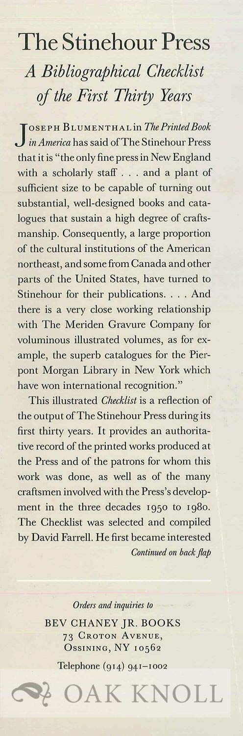 The Stinehour Press: A Bibliographical Checklist of the First Thirty Years,Used