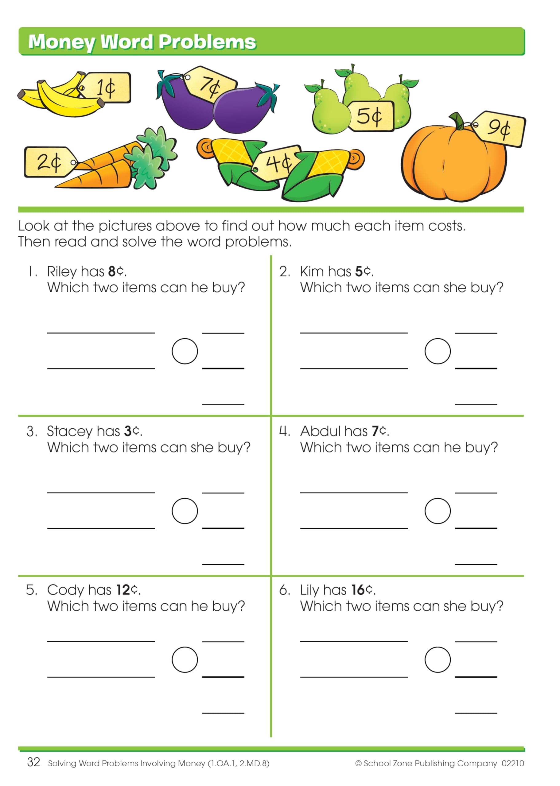 School Zone Word Problems Workbook 64 Pages, Ages 6 To 8, 1St Grade, 2Nd Grade, Math, Picture Stories, Graphs, Calendars And,Used