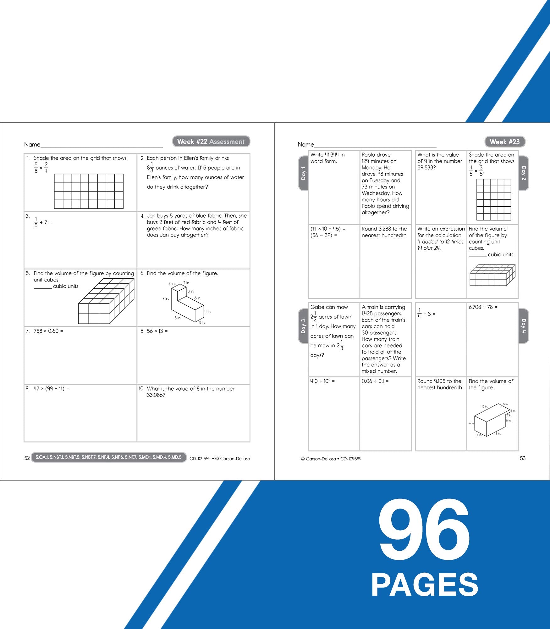 Carson Dellosa  Common Core Math 4 Today Workbook  5th Grade, 96pgs (Common Core 4 Today),New