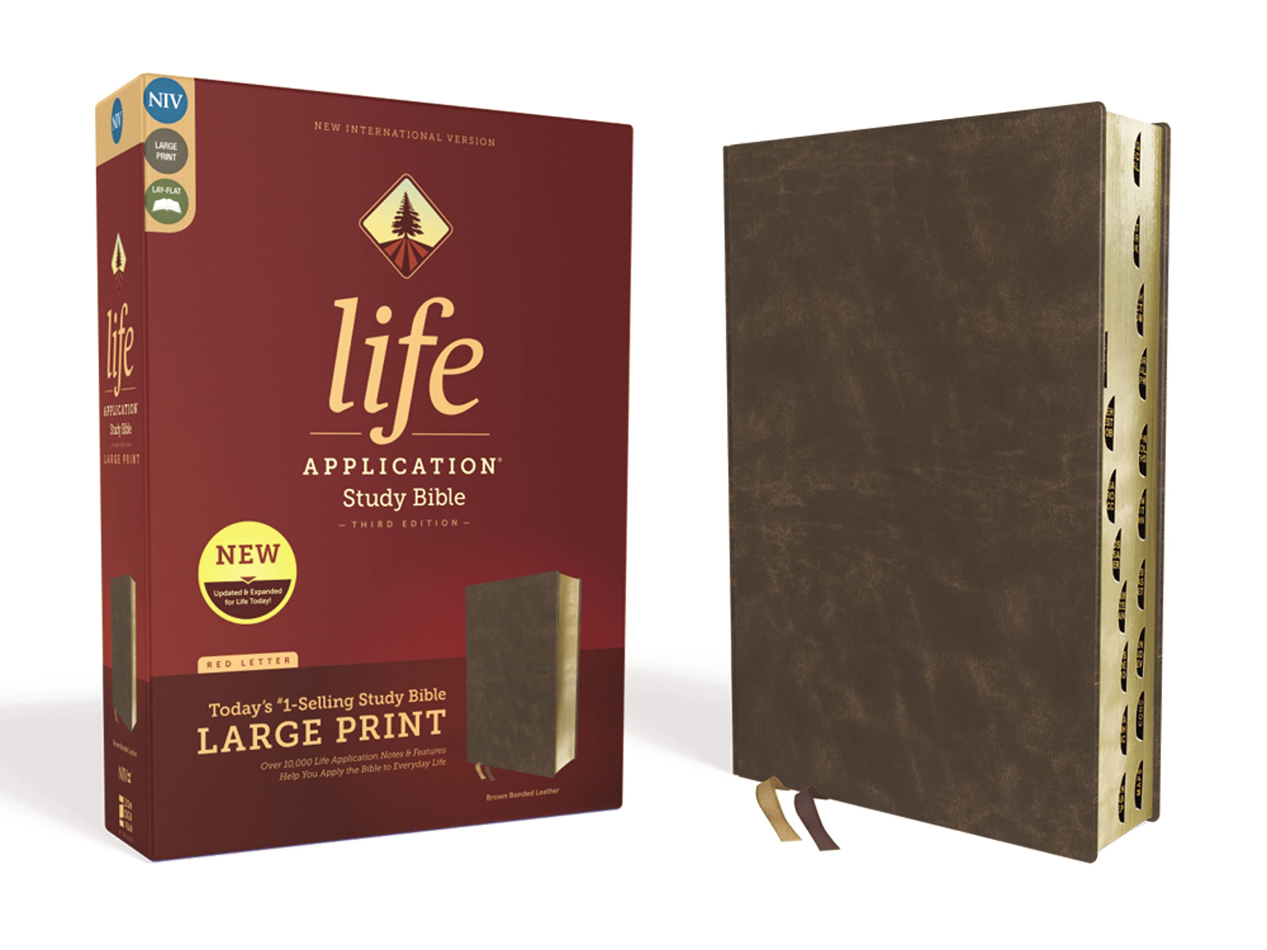 NIV, Life Application Study Bible, Third Edition, Large Print, Bonded Leather, Brown, Red Letter, Thumb Indexed,New