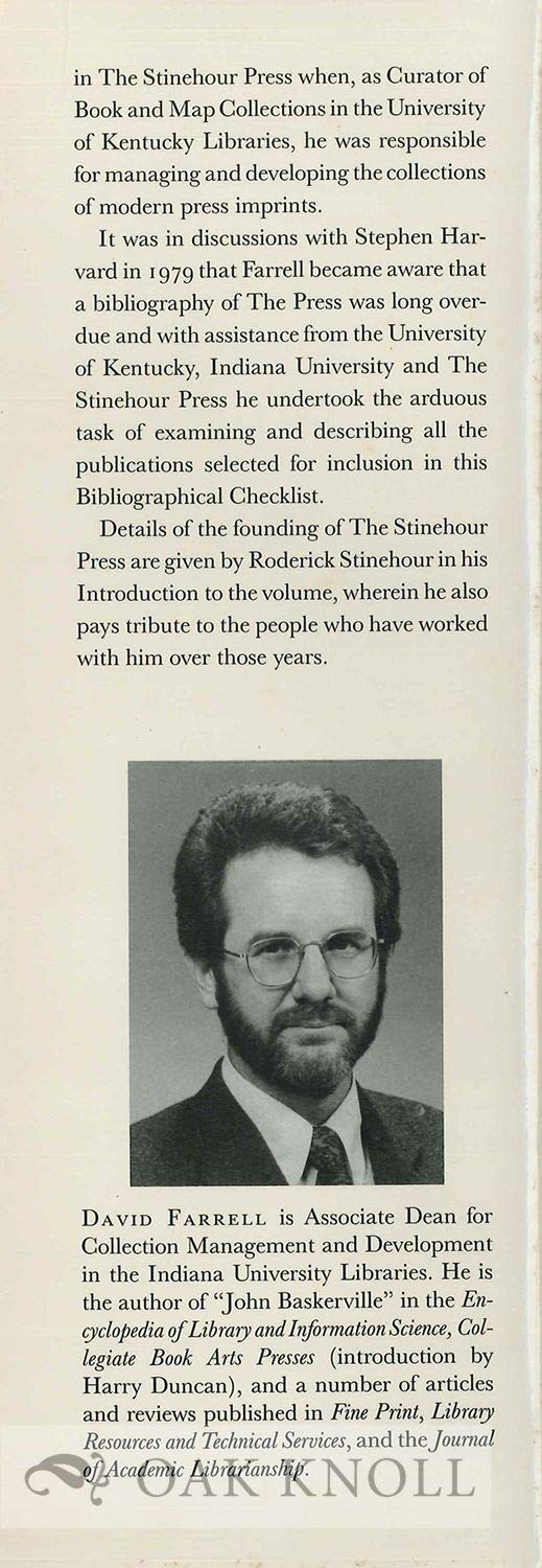 The Stinehour Press: A Bibliographical Checklist of the First Thirty Years,Used