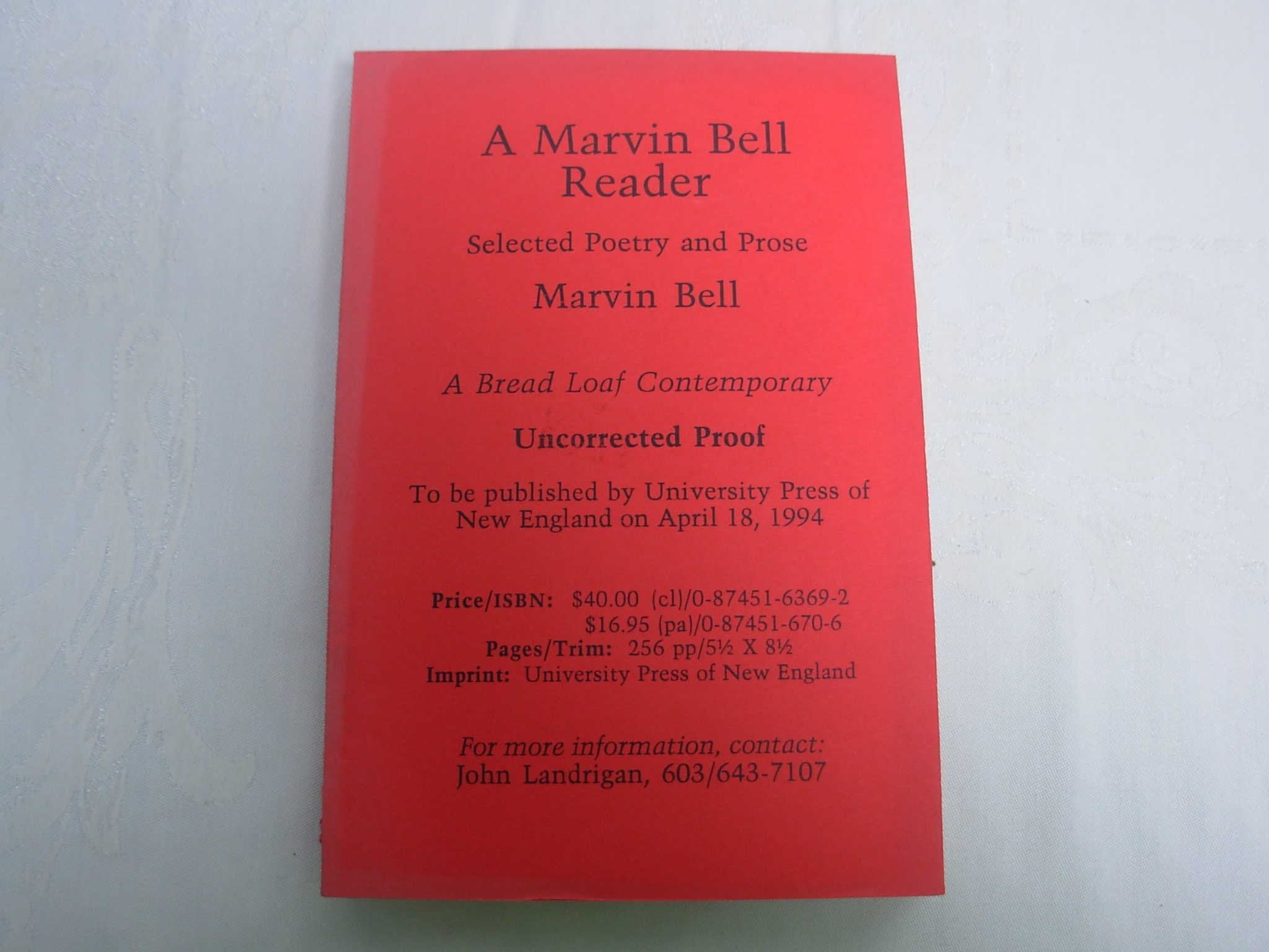 A Marvin Bell Reader: Selected Poetry and Prose (The Bread Loaf Series),Used
