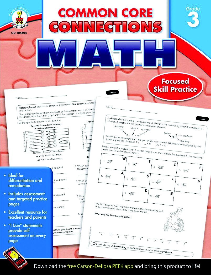 Carson Dellosa Common Core Connections Math Workbook 3rd Grade, 96pgs,Used