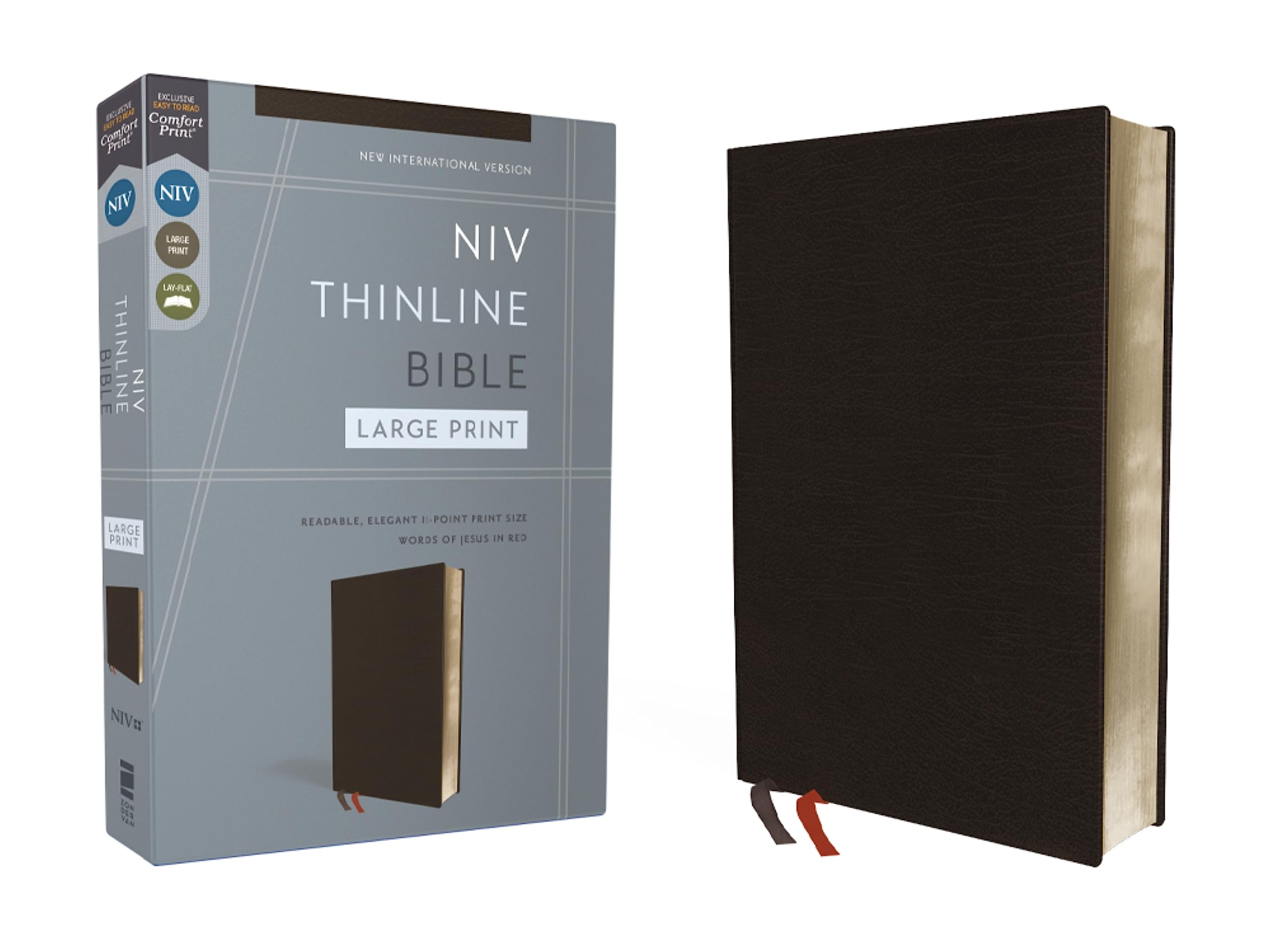 NIV, Thinline Bible, Large Print, Bonded Leather, Black, Red Letter, Comfort Print,New