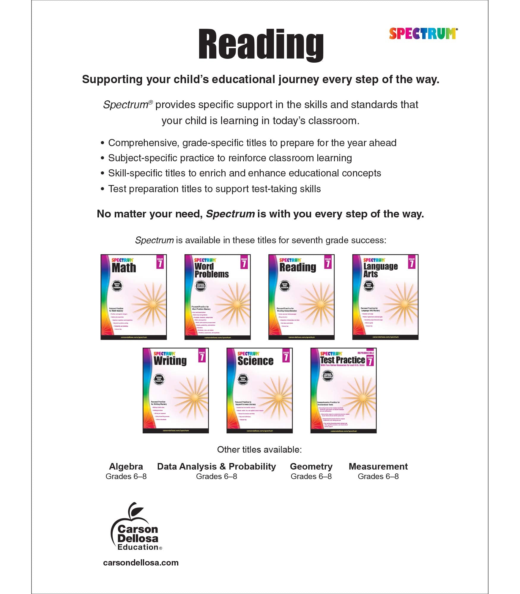 Spectrum Grade 7 Reading Workbook, Middle School Books With Nonfiction and Fiction Passages and Learning Activities, Classroom o,New
