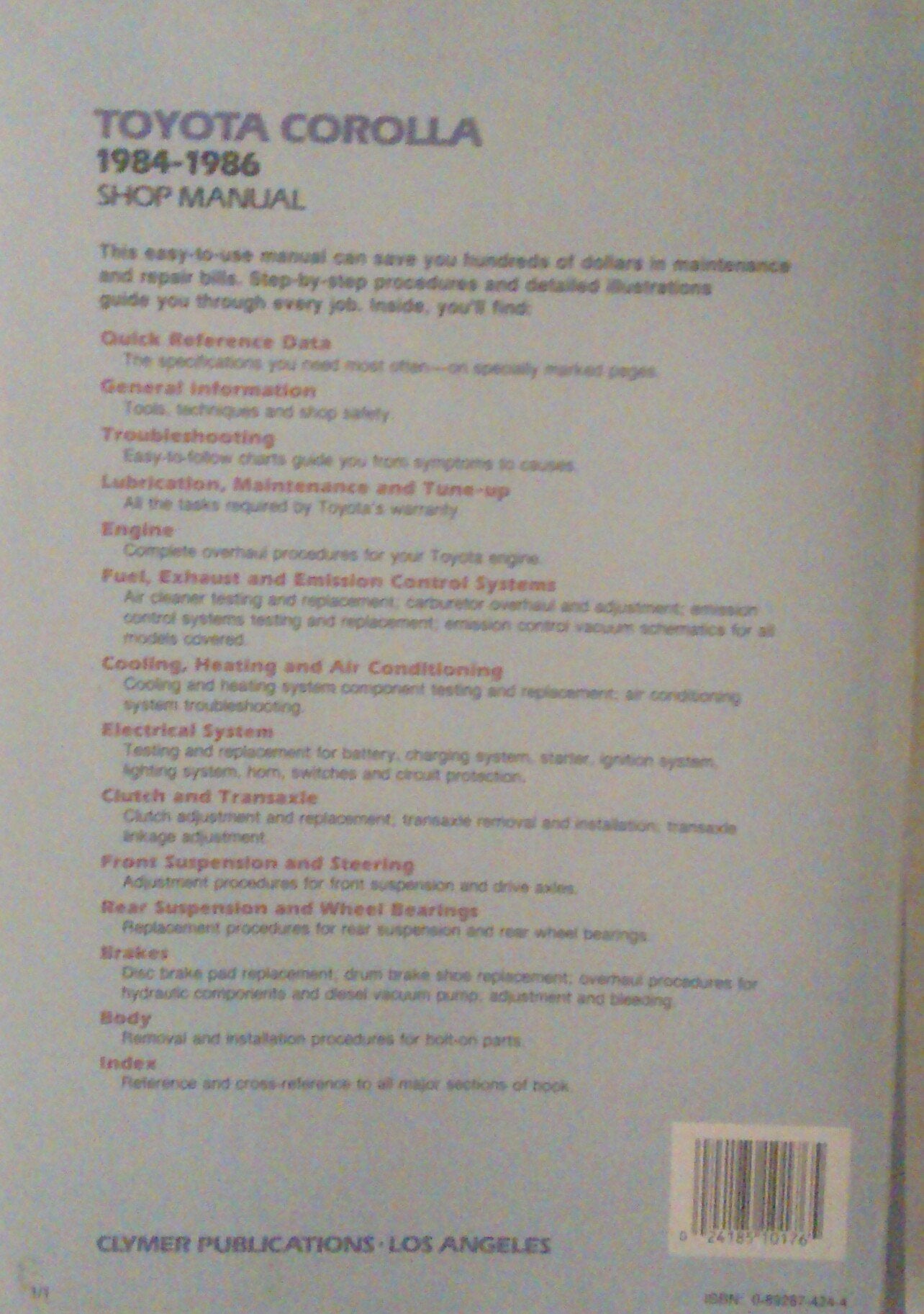 Clymer Toyota Corolla 19841986 Front Wheel Drive Shop Manual A176,Used