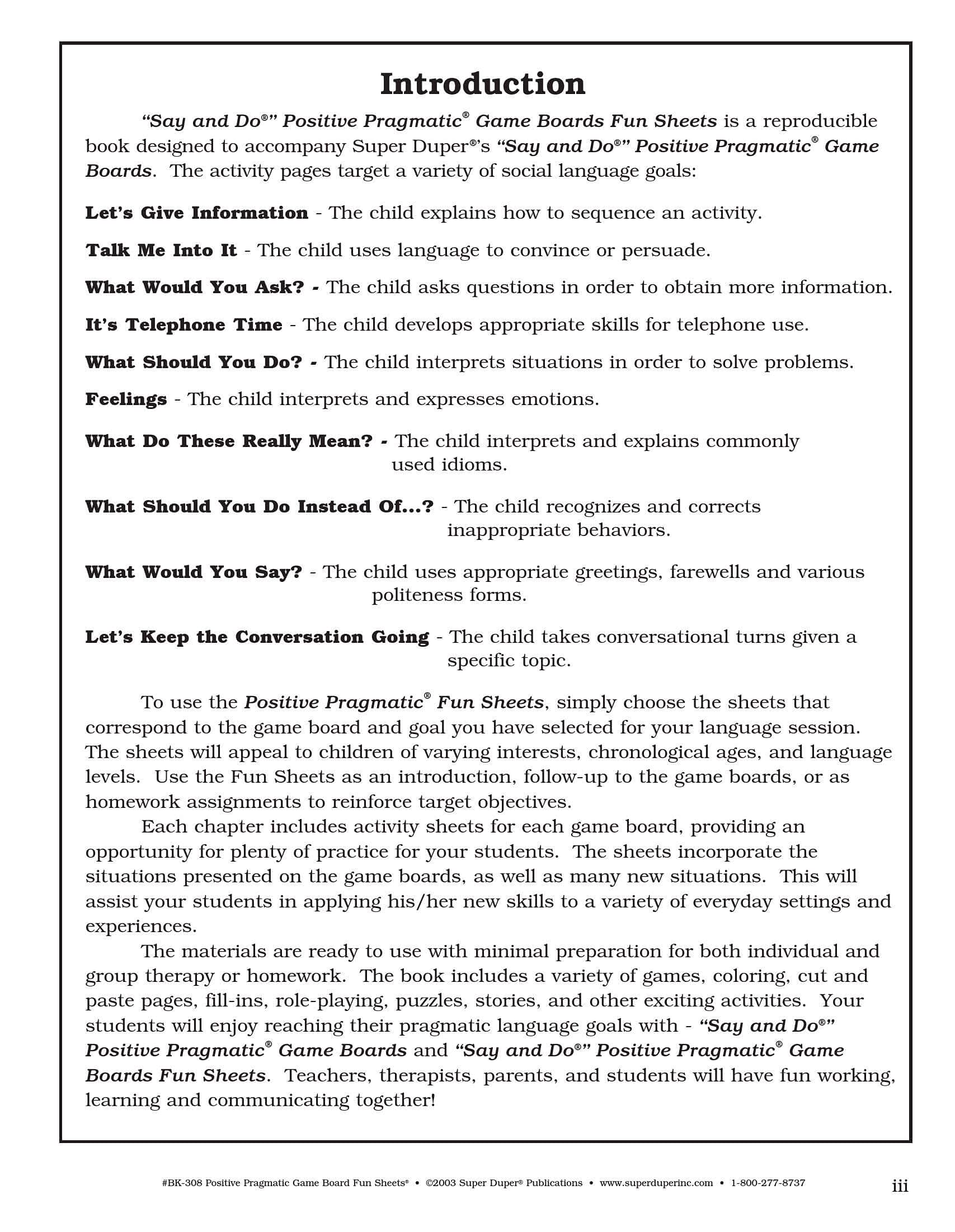 Super Duper Publications Say and Do Positive Pragmatic Game Board Fun Sheets Educational Resource for Children,Used