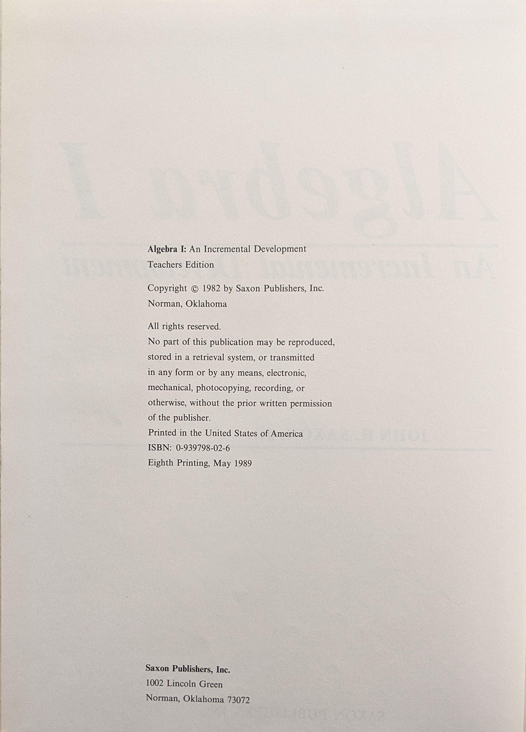 Algebra I: An Incremental Development,New