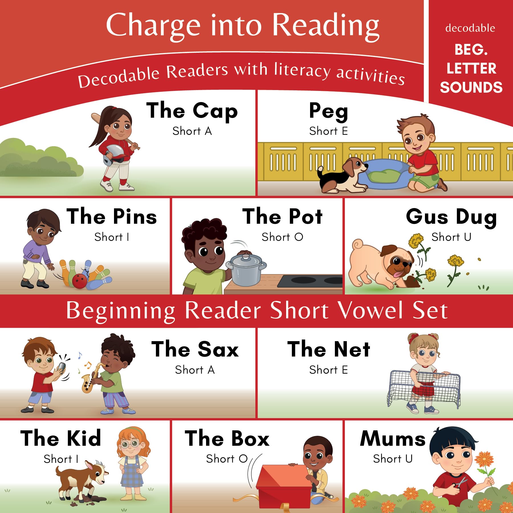Charge Into Reading Decodable Books (Stage Pre1): 10 Beginning Letter Sound Short Vowel Decodable Readers To Help Prek And Kin