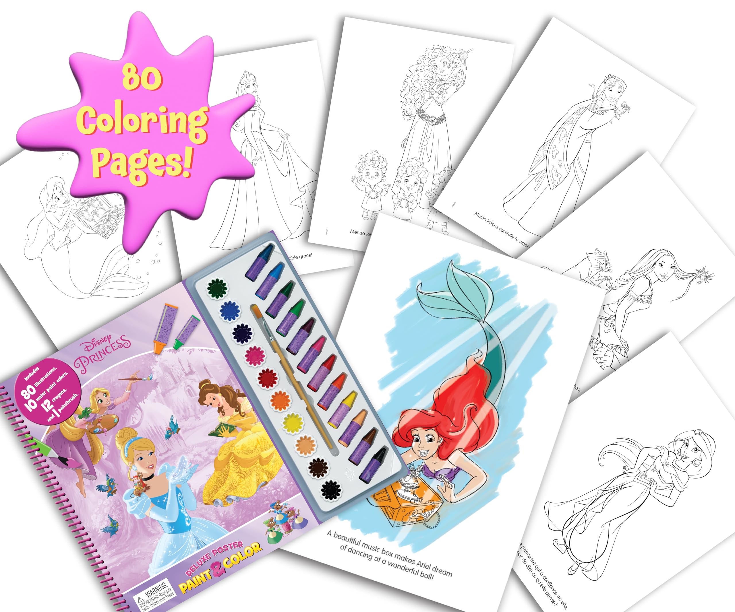 Phidal Disney Princess Deluxe Poster Paint & Color with 80 Coloring Pages, 10 Water Color Paints and 12 Crayons for Kids and,Used