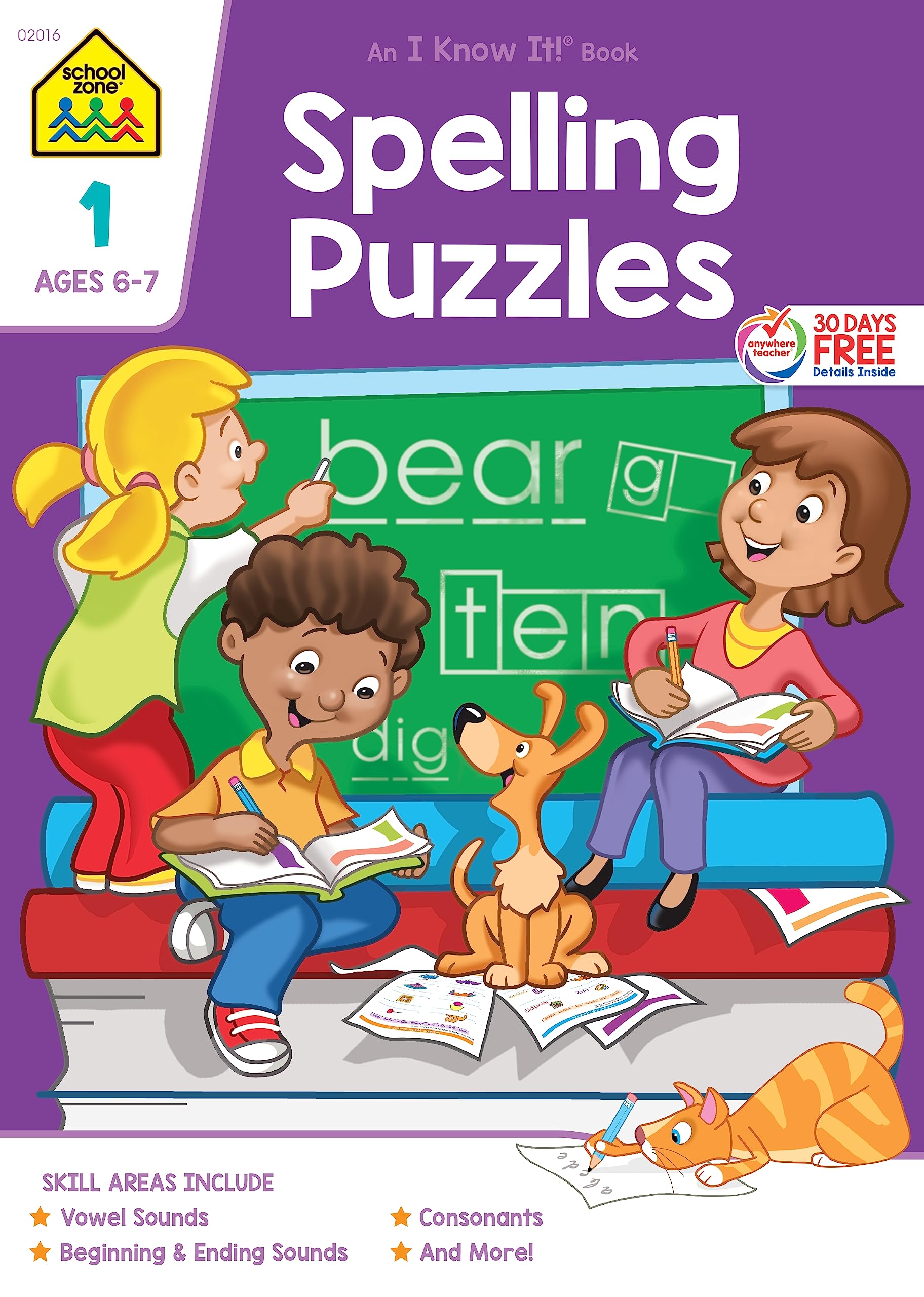 School Zone Spelling Puzzles Workbook 32 Pages, Ages 6 To 8, 1St Grade, Word Recognition, Pronunciation, Combination Sounds,,Used