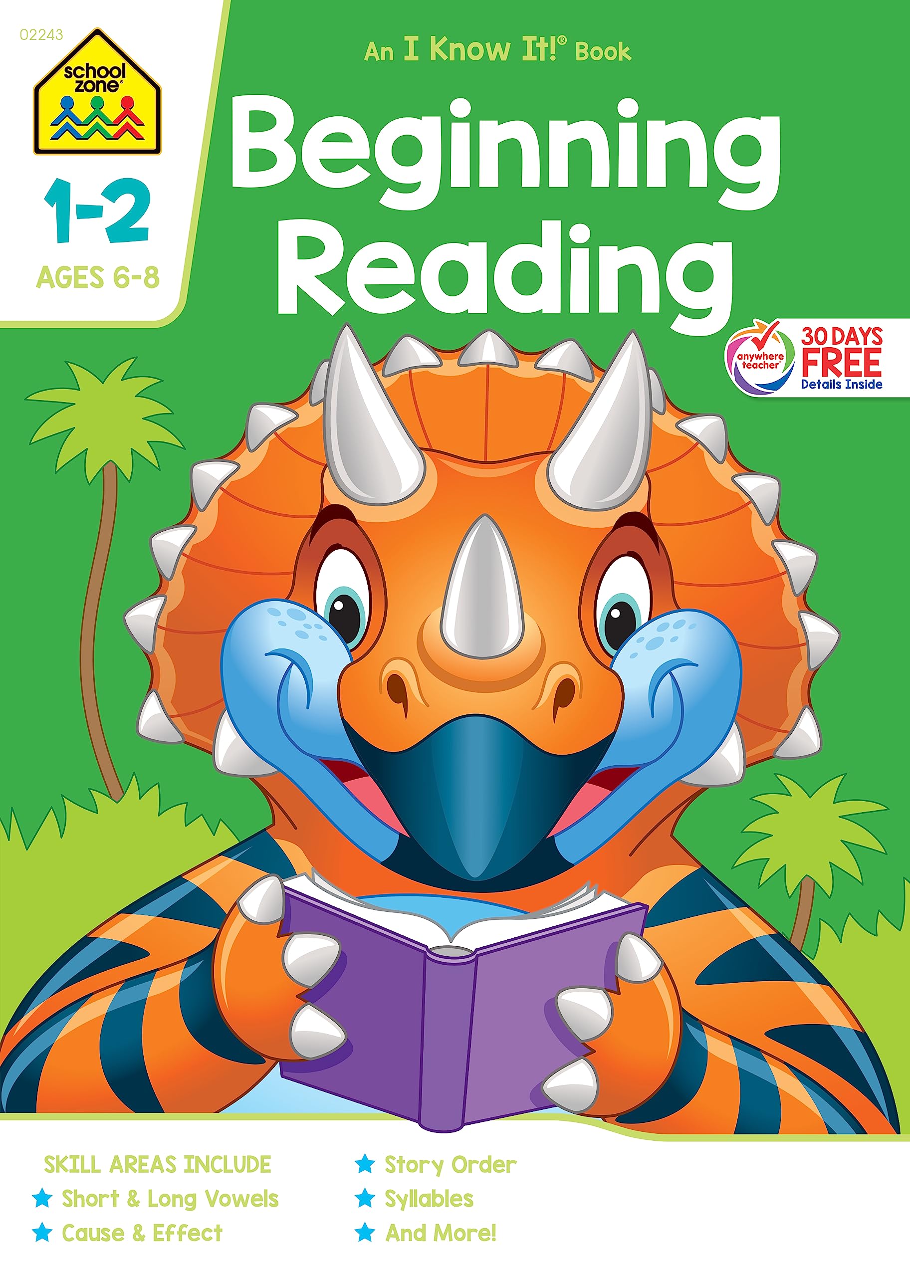 School Zone Beginning Reading Workbook 64 Pages, Ages 6 To 8, Grades 1 To 2, Beginning & Ending Sounds, Vowels, Sequencing,,New