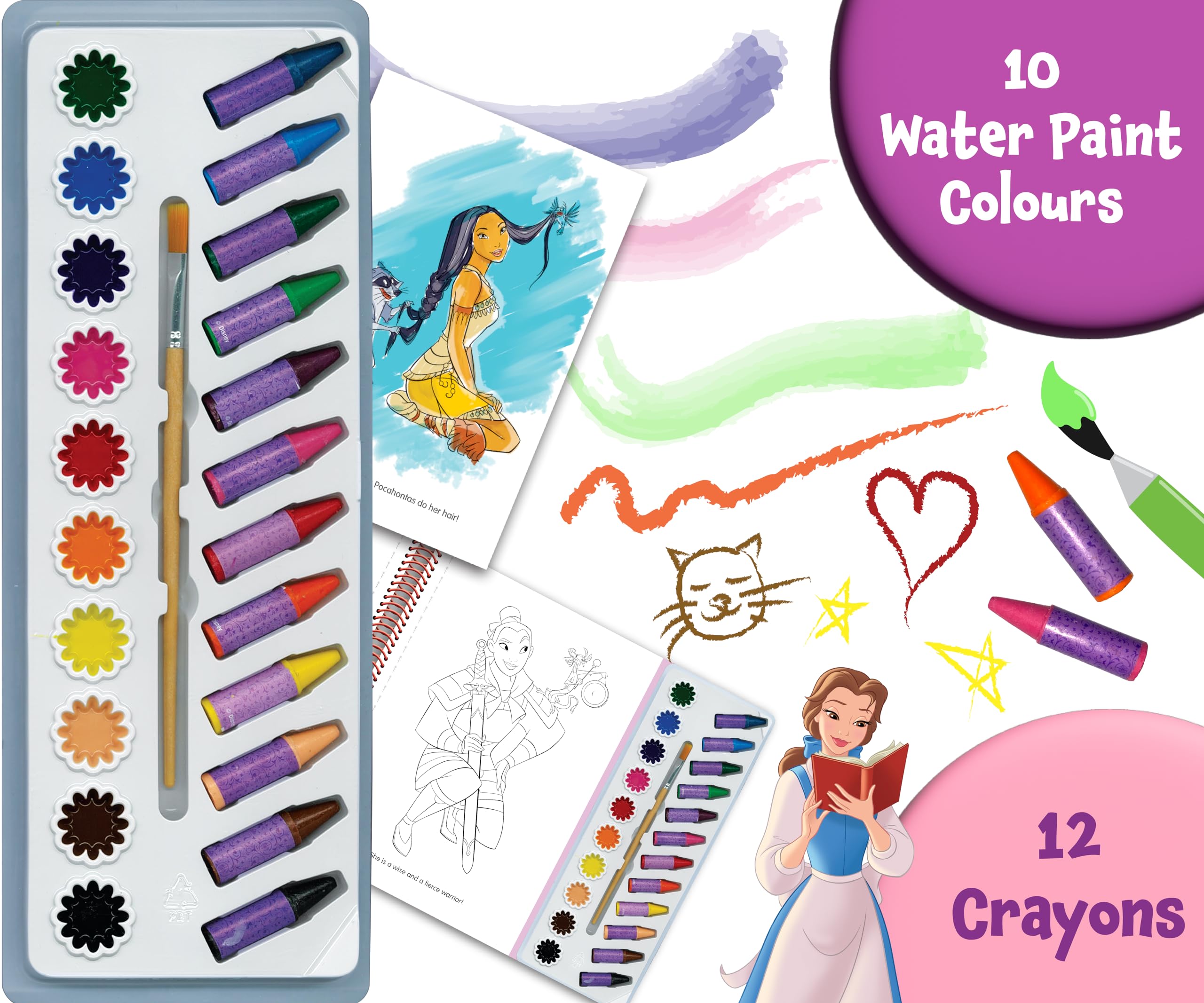 Phidal Disney Princess Deluxe Poster Paint & Color with 80 Coloring Pages, 10 Water Color Paints and 12 Crayons for Kids and,Used