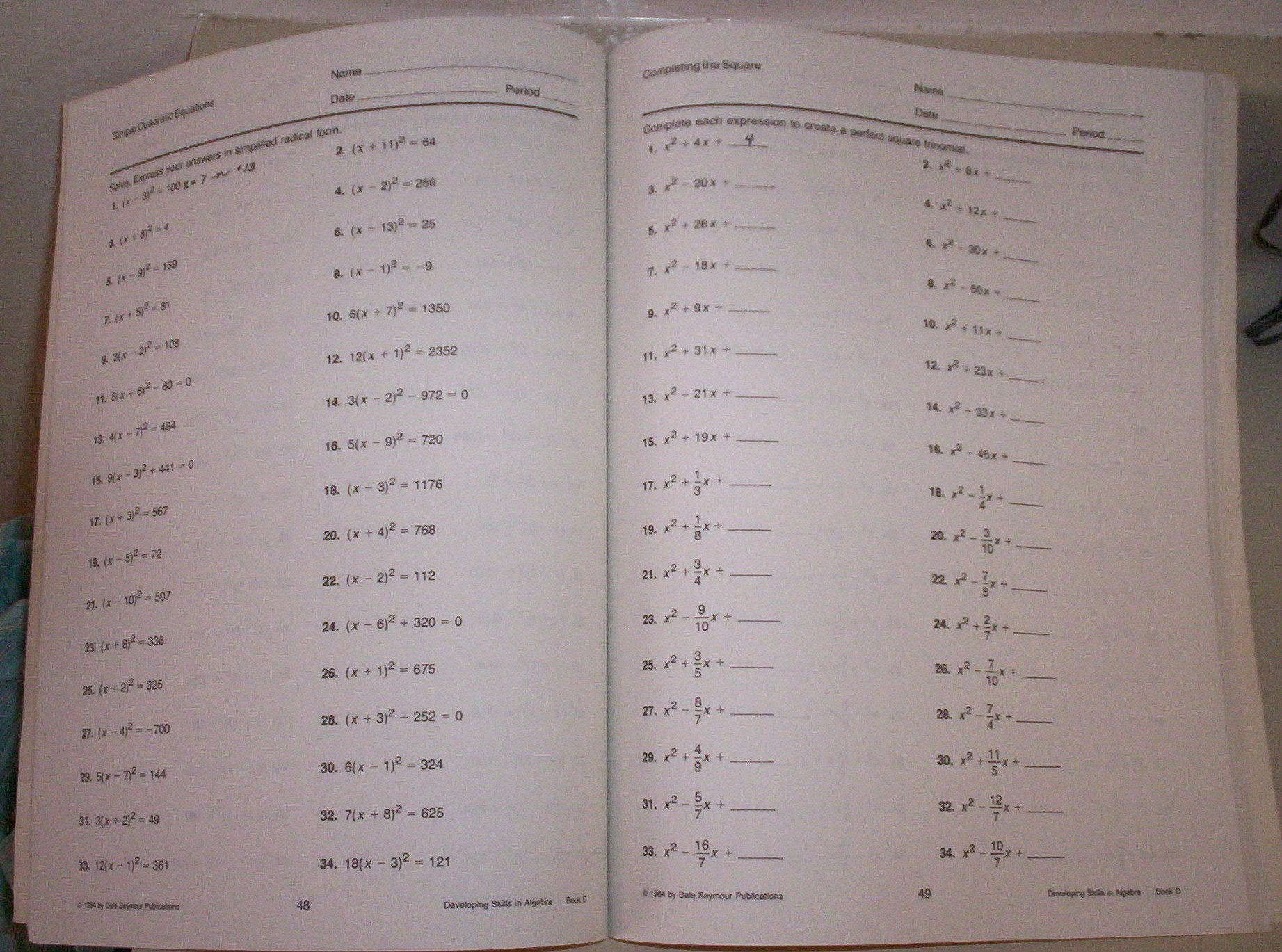 Developing Skills in Algebra One (Blackline Masters, Book D),New