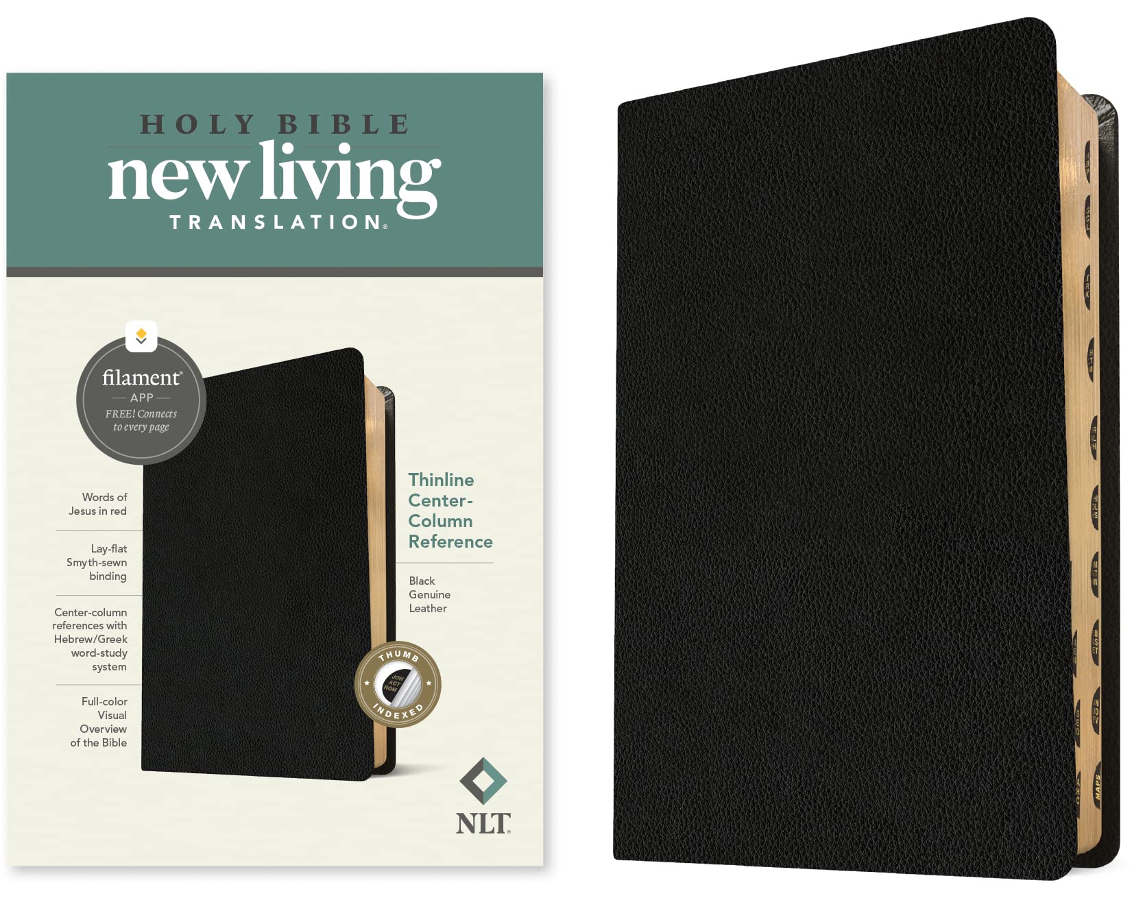 NLT Thinline CenterColumn Reference Bible, FilamentEnabled Edition (Genuine Leather, Black, Indexed, Red Letter),New