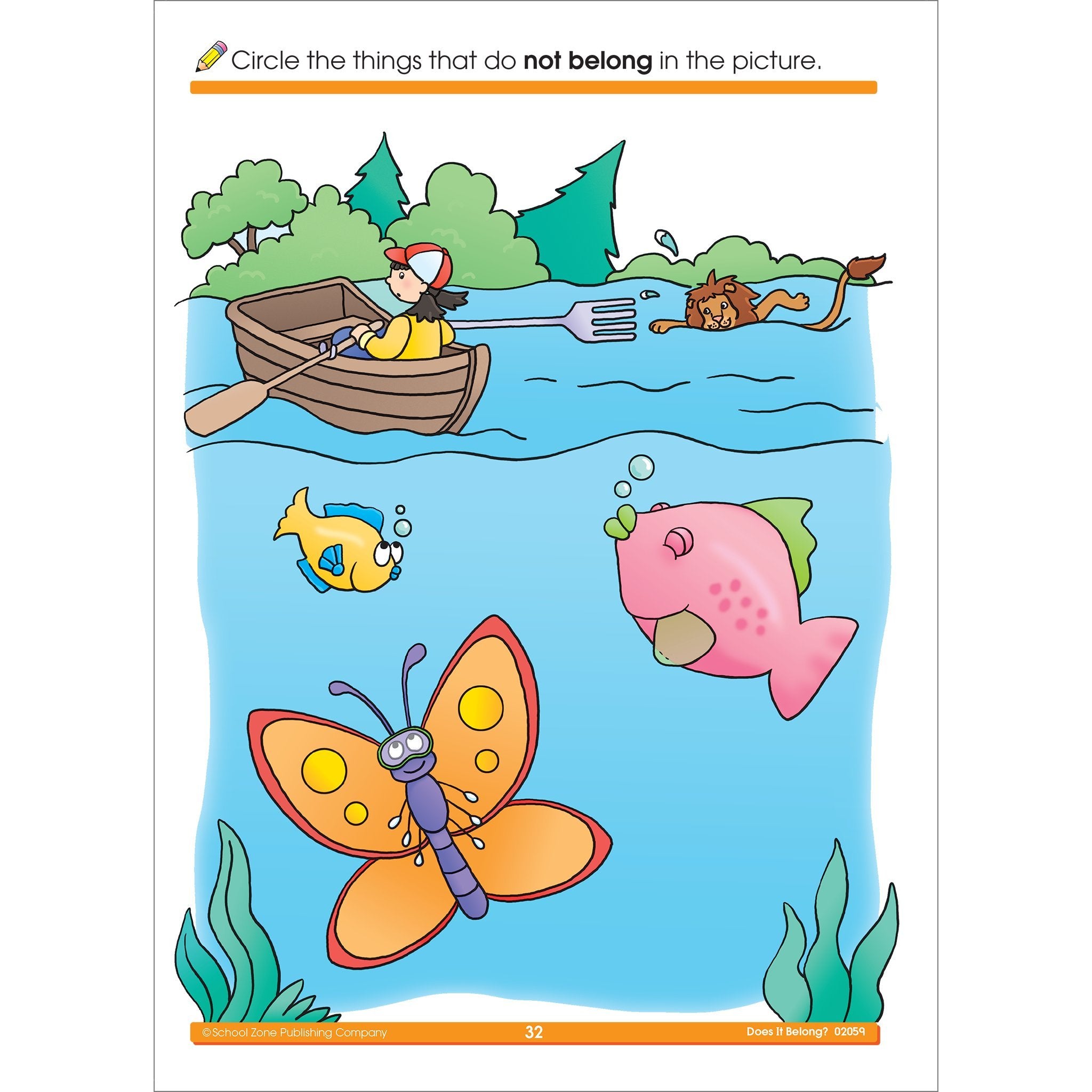 School Zone Does It Belong? Workbook 32 Pages, Ages 3 To 5, Preschool To Kindergarten, Picture Puzzles, Grouping, Comparing ,Used