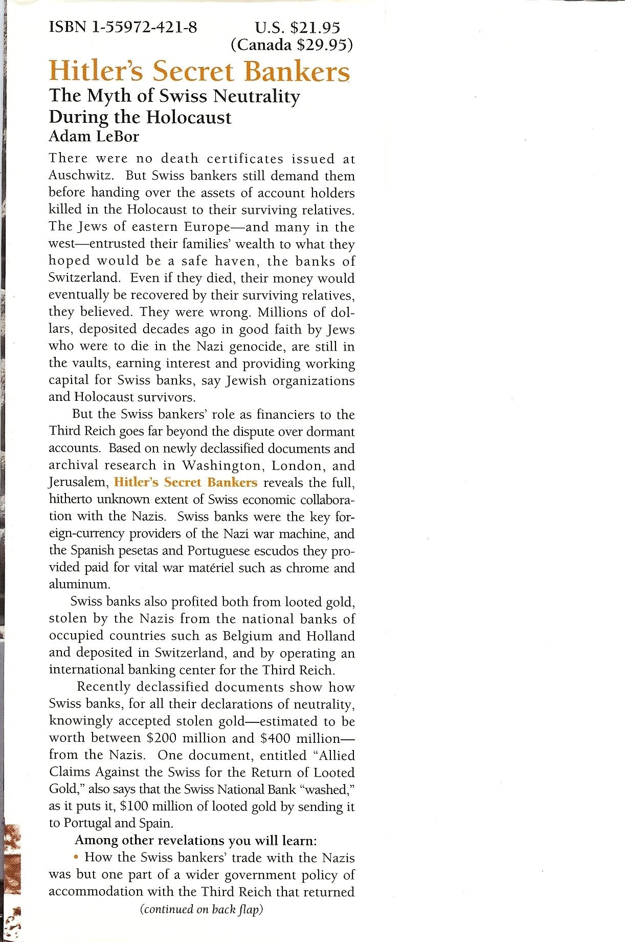 Hitler'S Secret Bankers: The Myth Of Swiss Neutrality During The Holocaust,Used