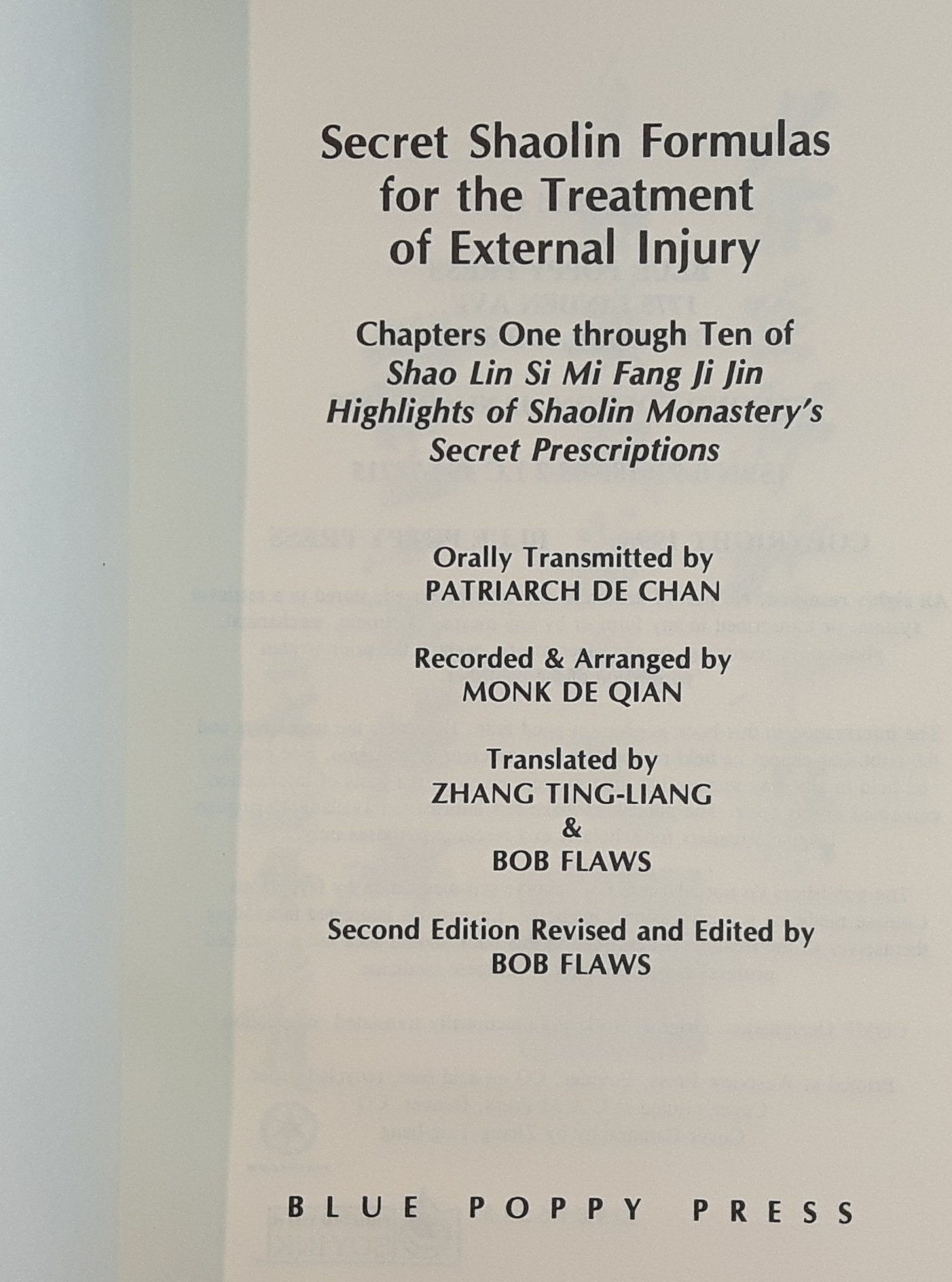 Secret Shaolin Formulas for the Treatment of External Injury,New