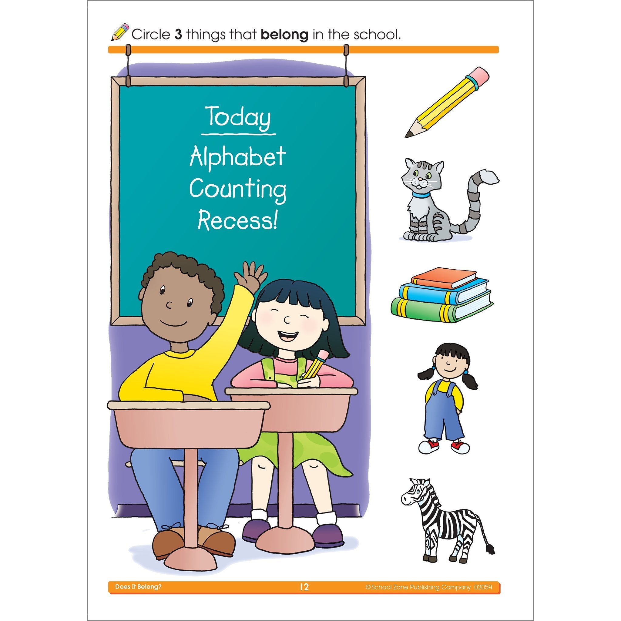 School Zone Does It Belong? Workbook 32 Pages, Ages 3 To 5, Preschool To Kindergarten, Picture Puzzles, Grouping, Comparing ,Used