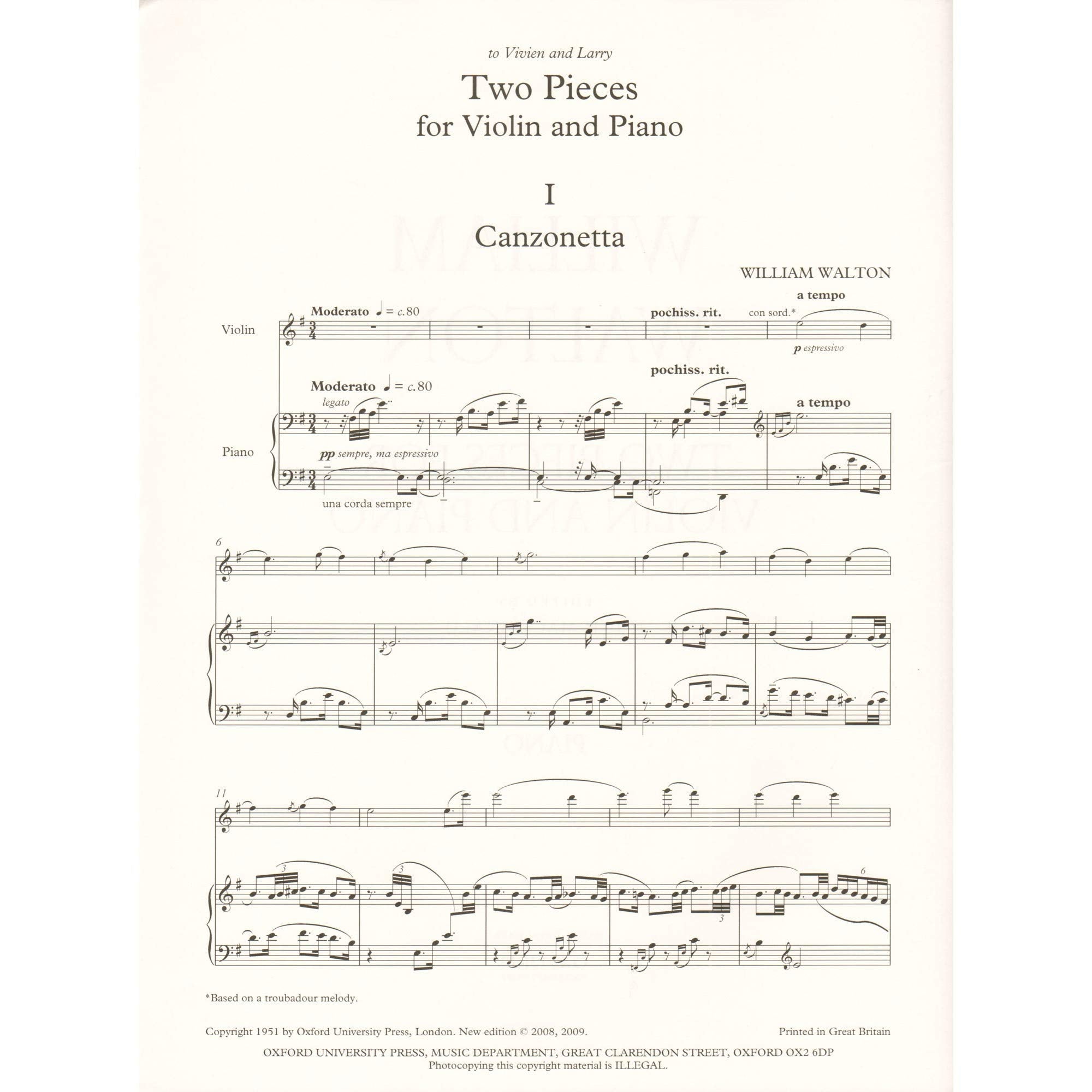Two Pieces for Violin and Piano (William Walton Edition),Used