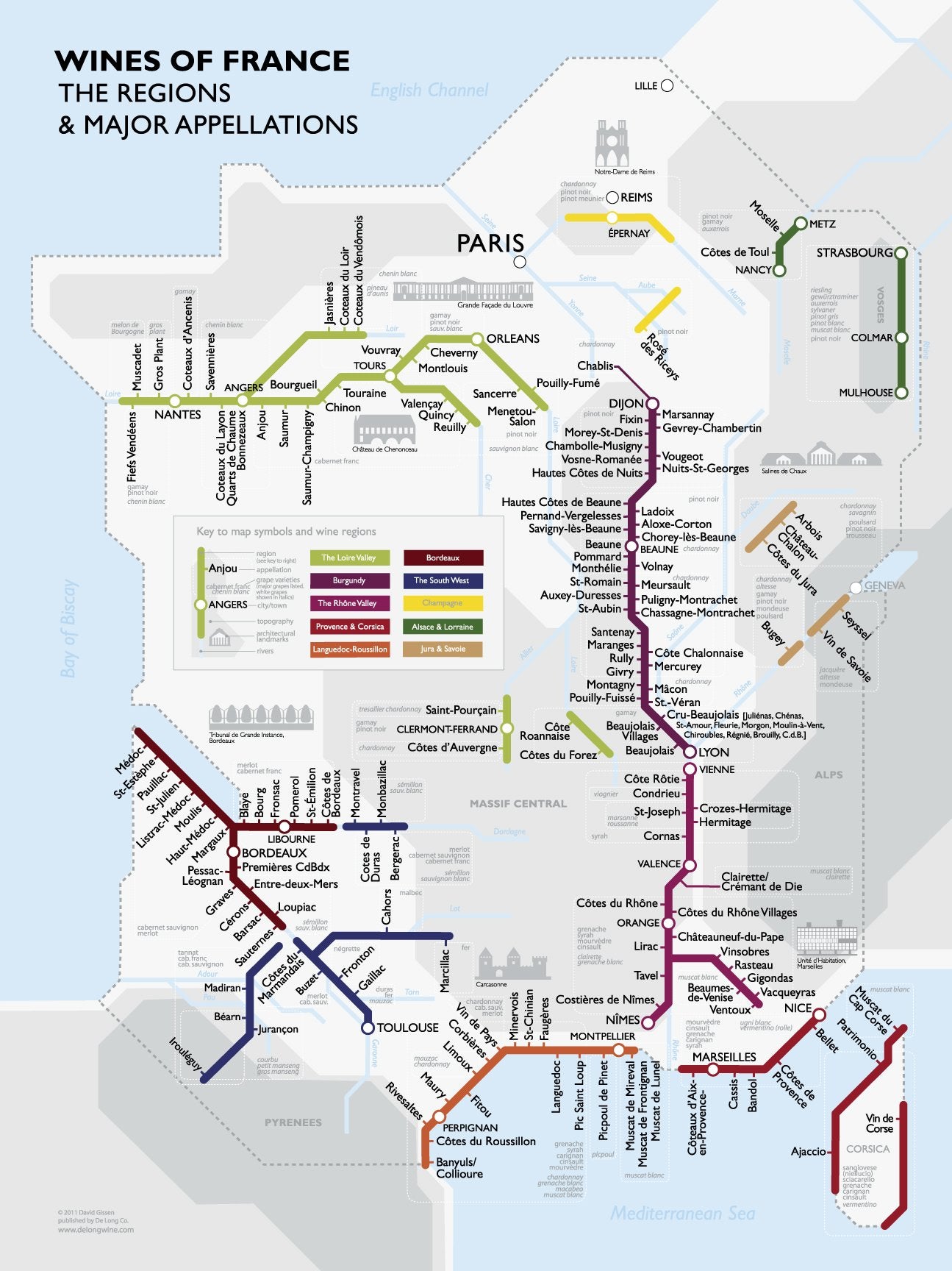 De Long Metro Wine Map of France - Detailed Illustrated Guide for Wine Lovers and Travelers