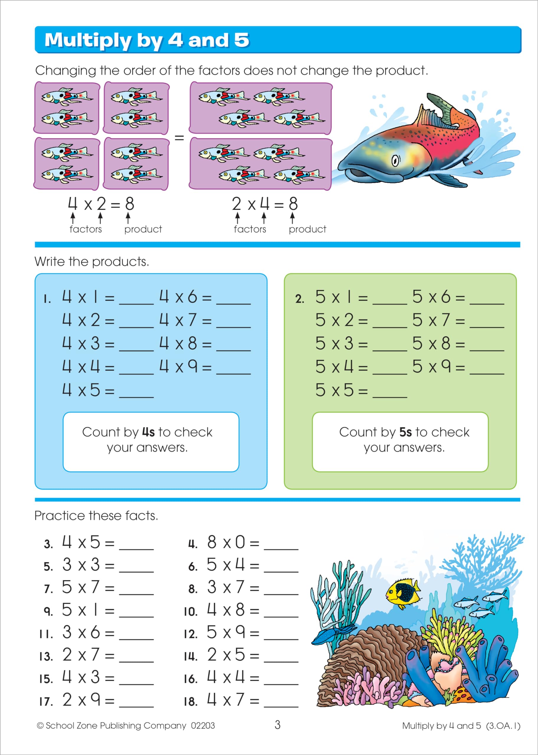 School Zone Math Basics 3 Workbook 64 Pages, Ages 8 To 9, 3Rd Grade, Multiplication, Division, Word Problems, Place Value, F,Used