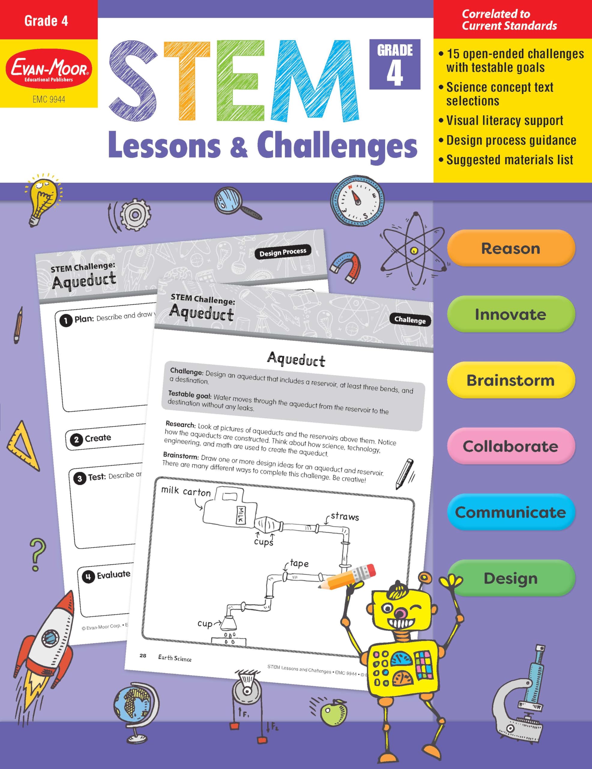 EvanMoor Stem Lessons and Challenges, Grade 4 Homeschooling & Classroom Resource Workbook, Life, Earth and Physical Science Pro,Used