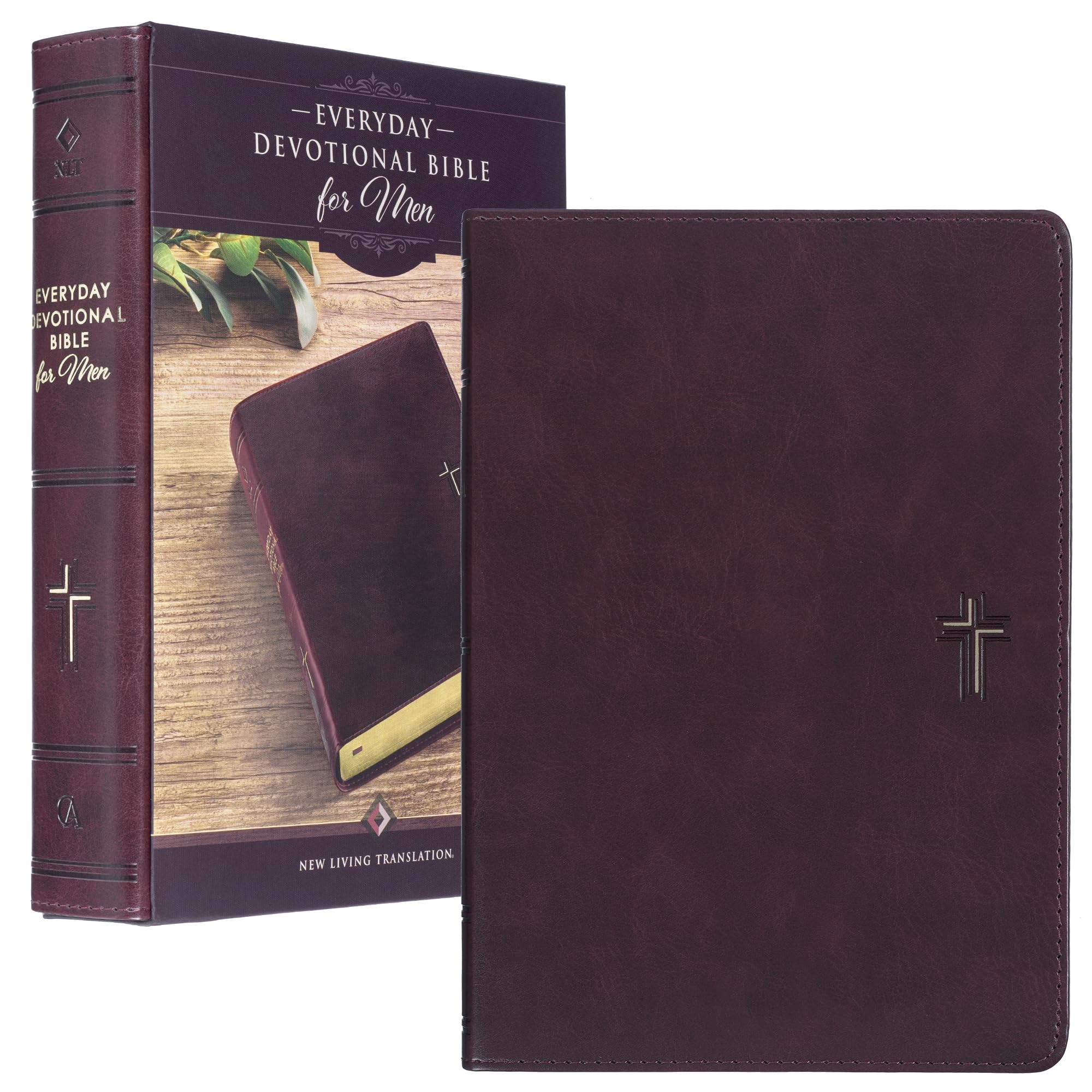 Nlt Holy Bible Everyday Devotional Bible For Men New Living Translation, Walnut Brown Vegan Leather, Cross Emblem, Flexible Dail