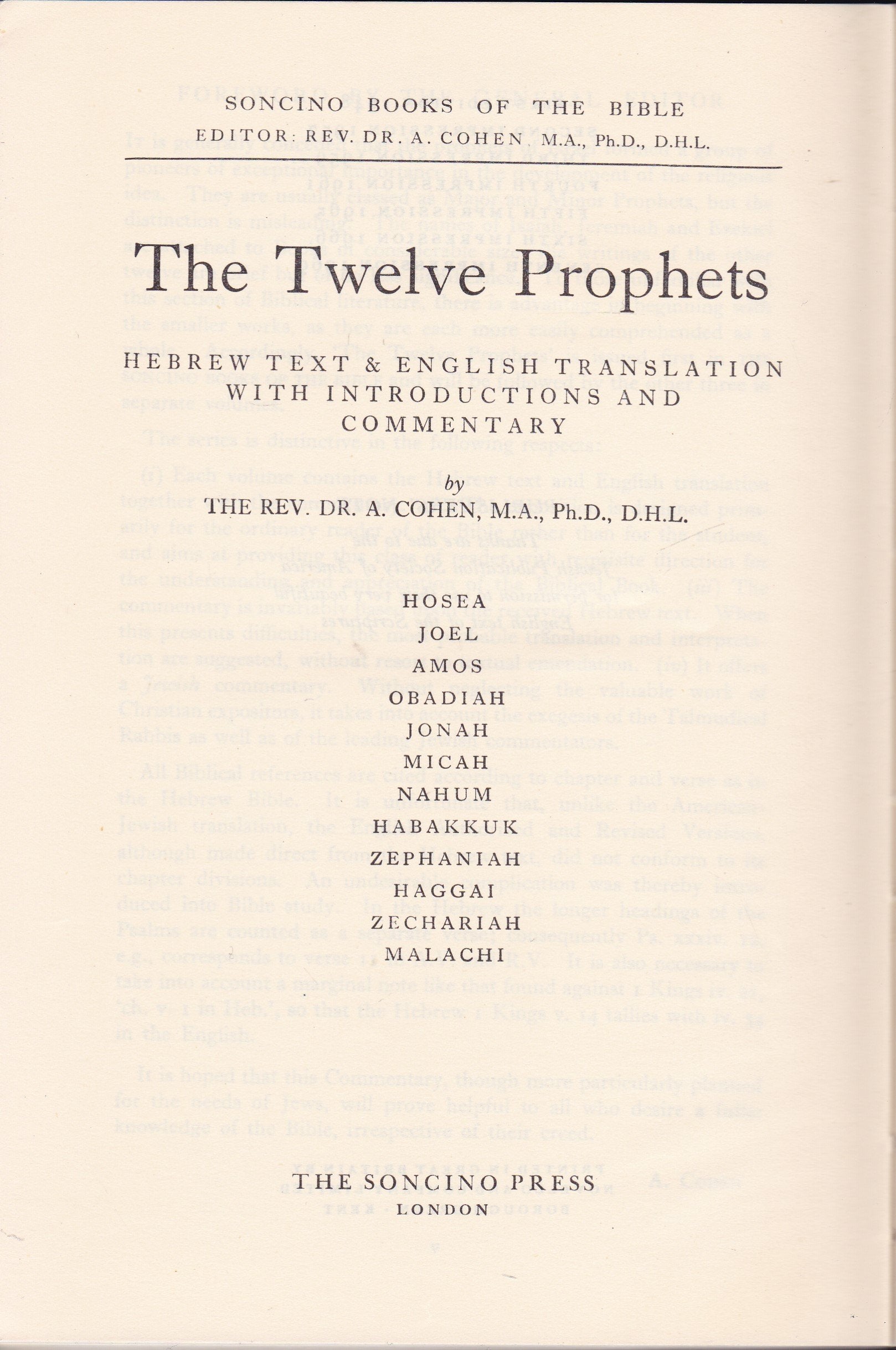 Twelve Prophets (Soncino Books of the Bible) (English and Hebrew Edition),Used