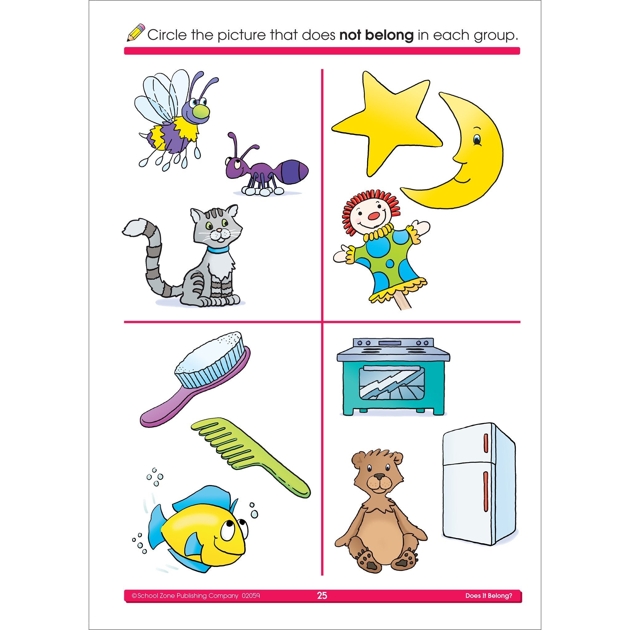 School Zone Does It Belong? Workbook 32 Pages, Ages 3 To 5, Preschool To Kindergarten, Picture Puzzles, Grouping, Comparing ,Used